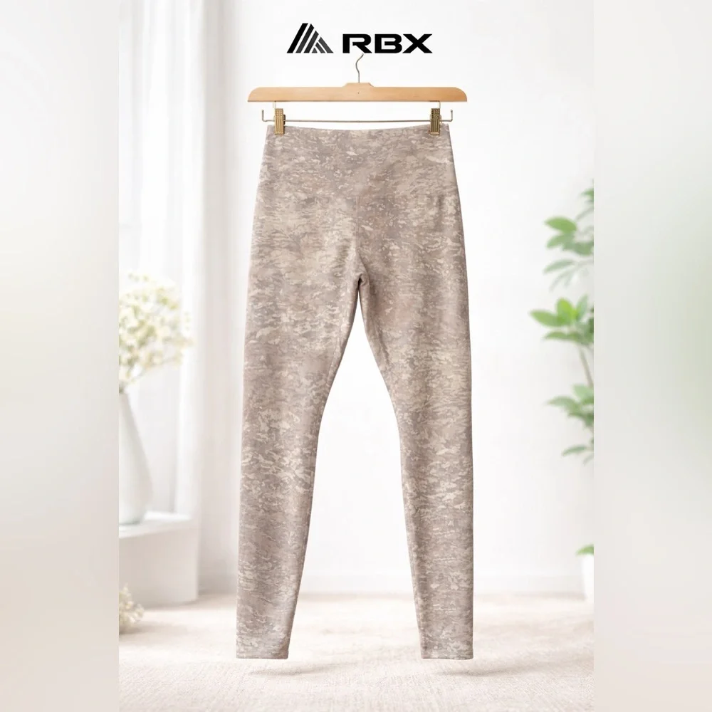 RBX Active High-Waisted Leggings - Gray/Beige Camo Abstract Print - Size L - Picture 2 of 9